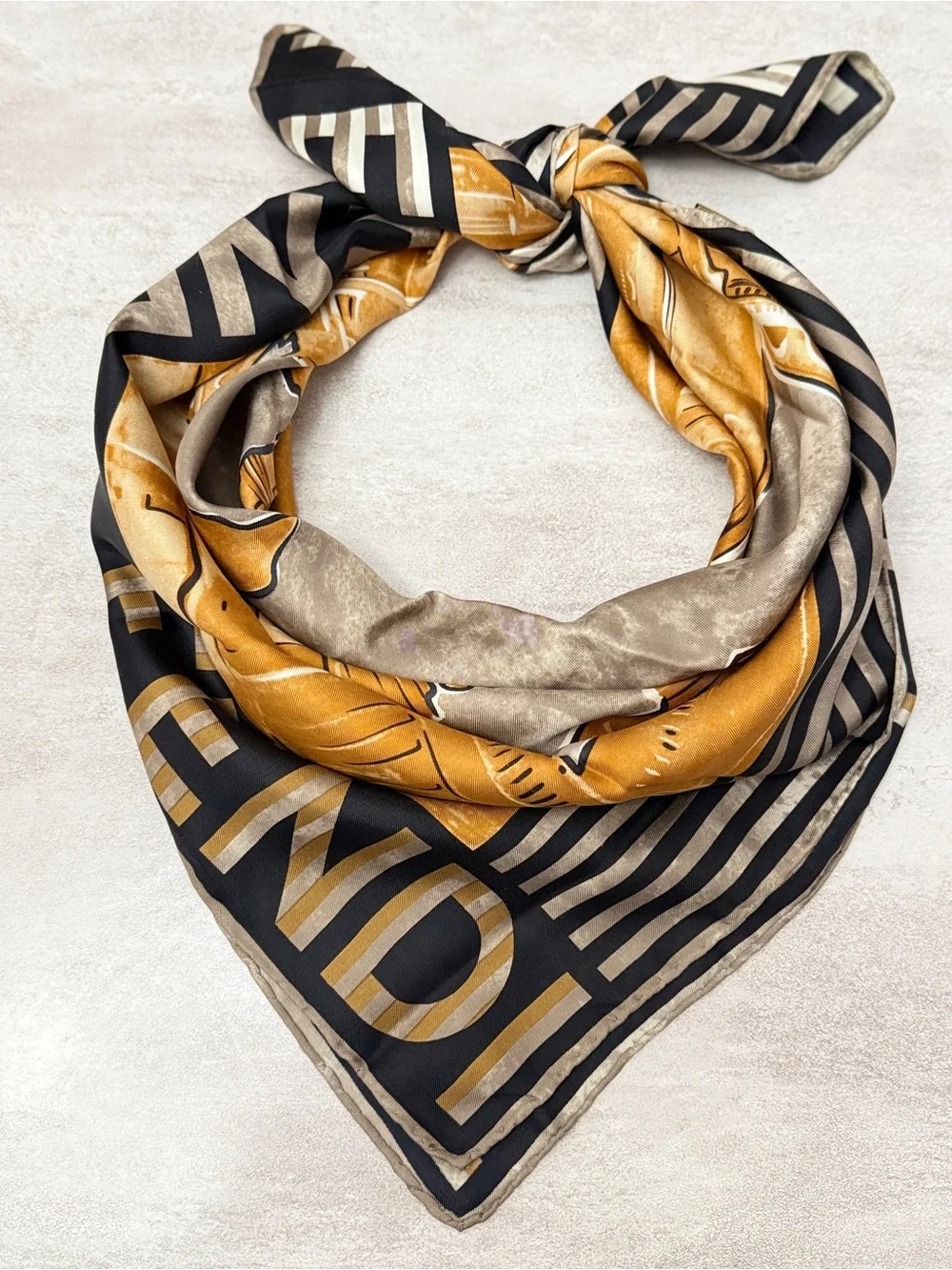Fendi Gold and Gray Architectural Motif Silk Scarf